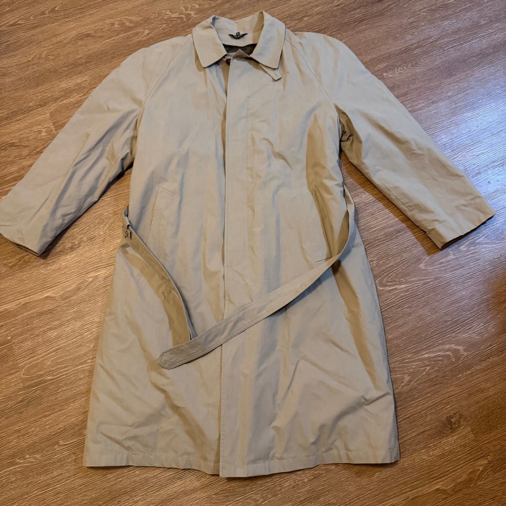 Jos A Bank Tan Trench Coat Mens 46L Removable Wool Plaid Liner Belted Khaki